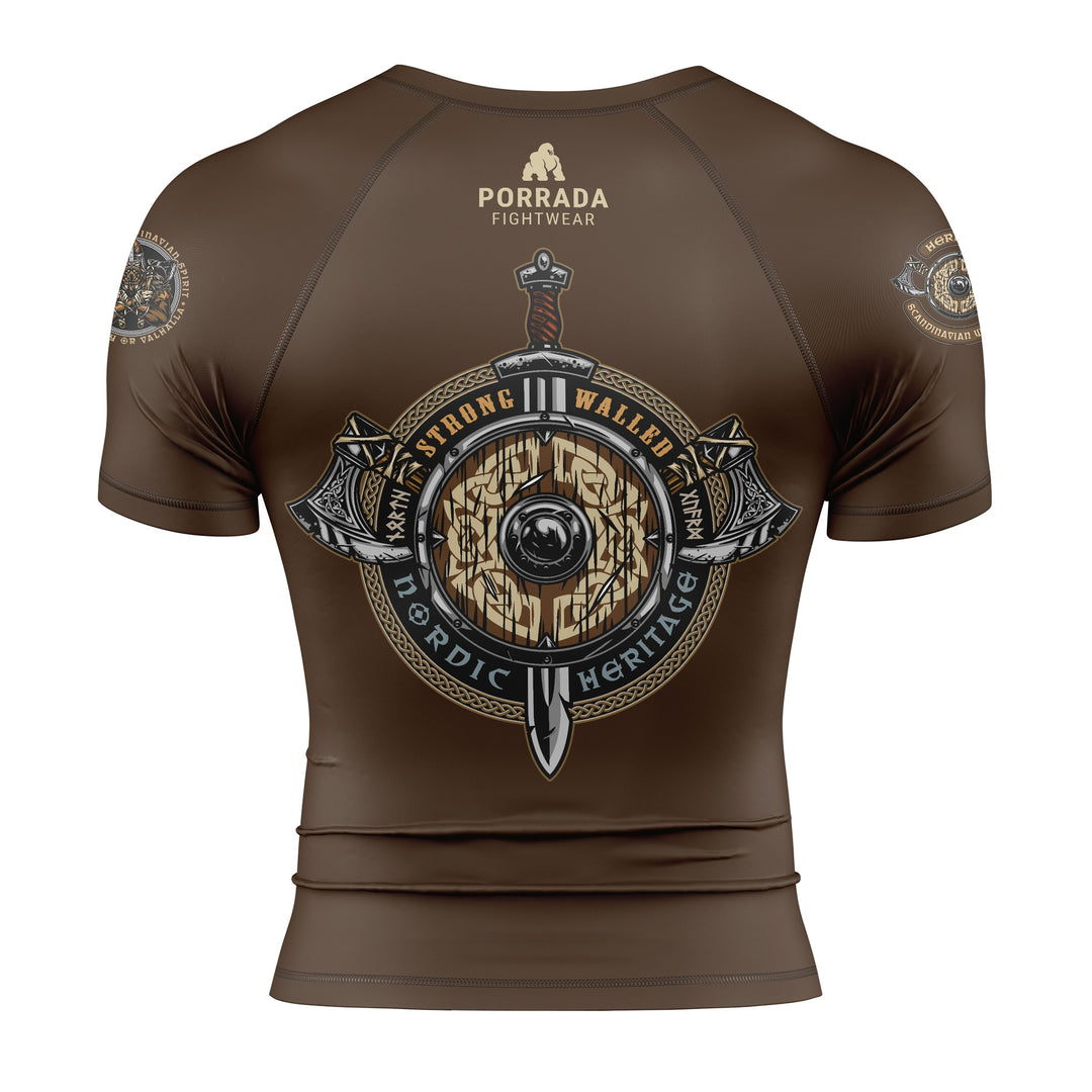 Back of men's brown Viking warrior short-sleeved rash guard for BJJ and MMA