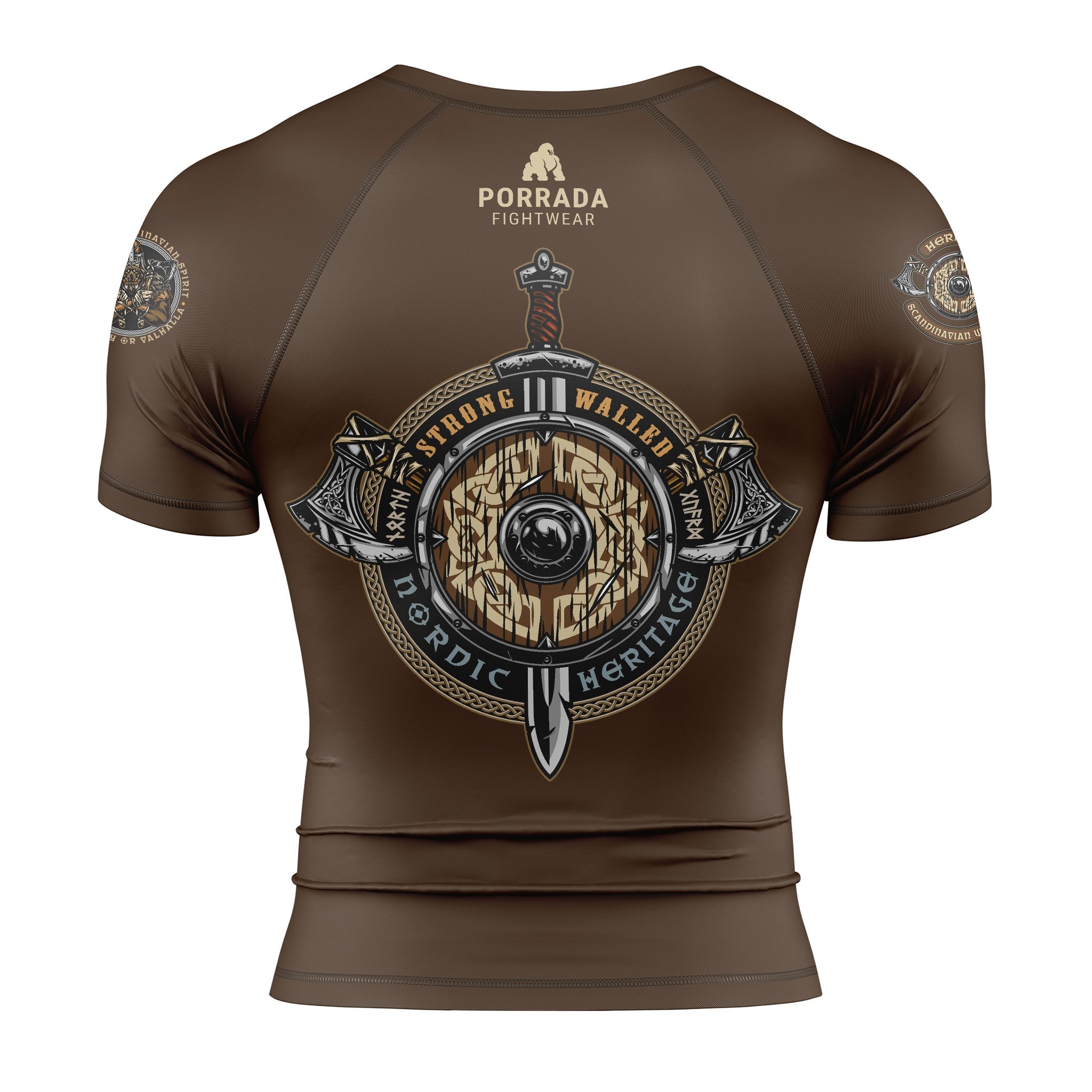 Back of men's brown Viking warrior short-sleeved rash guard for BJJ and MMA