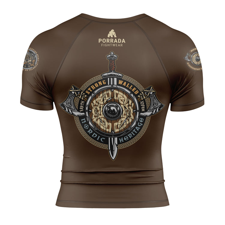 Back of men's brown Viking warrior short-sleeved rash guard for BJJ and MMA