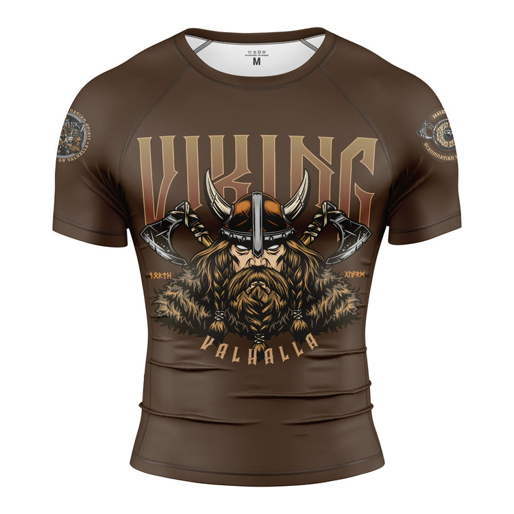 Men's brown Viking warrior short-sleeved rash guard for BJJ and MMA