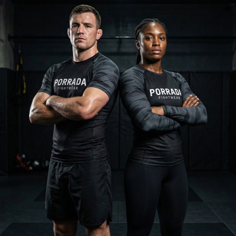 Male and female athletes wearing Porrada Fightwear jiu-jitsu rash guards and leggings while posing in a martial arts gym.