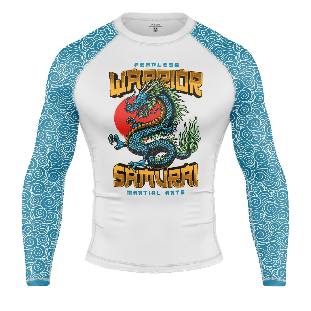 Long-sleeve rash guard with azure dragon design for BJJ and MMA