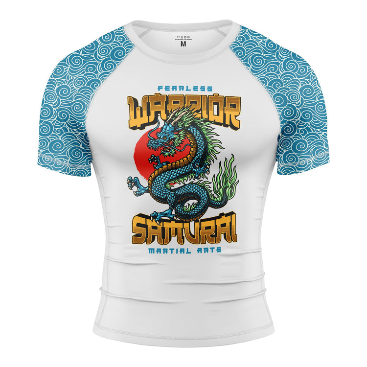 Front of Azure Dragon short-sleeve rash guard for BJJ and MMA
