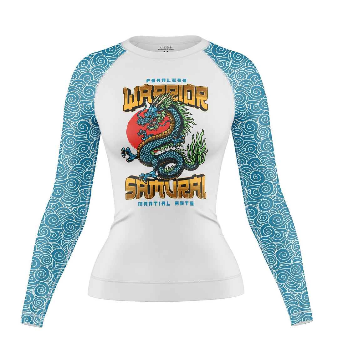 Women long-sleeved rash guard with a azure dragon design for BJJ and MMA