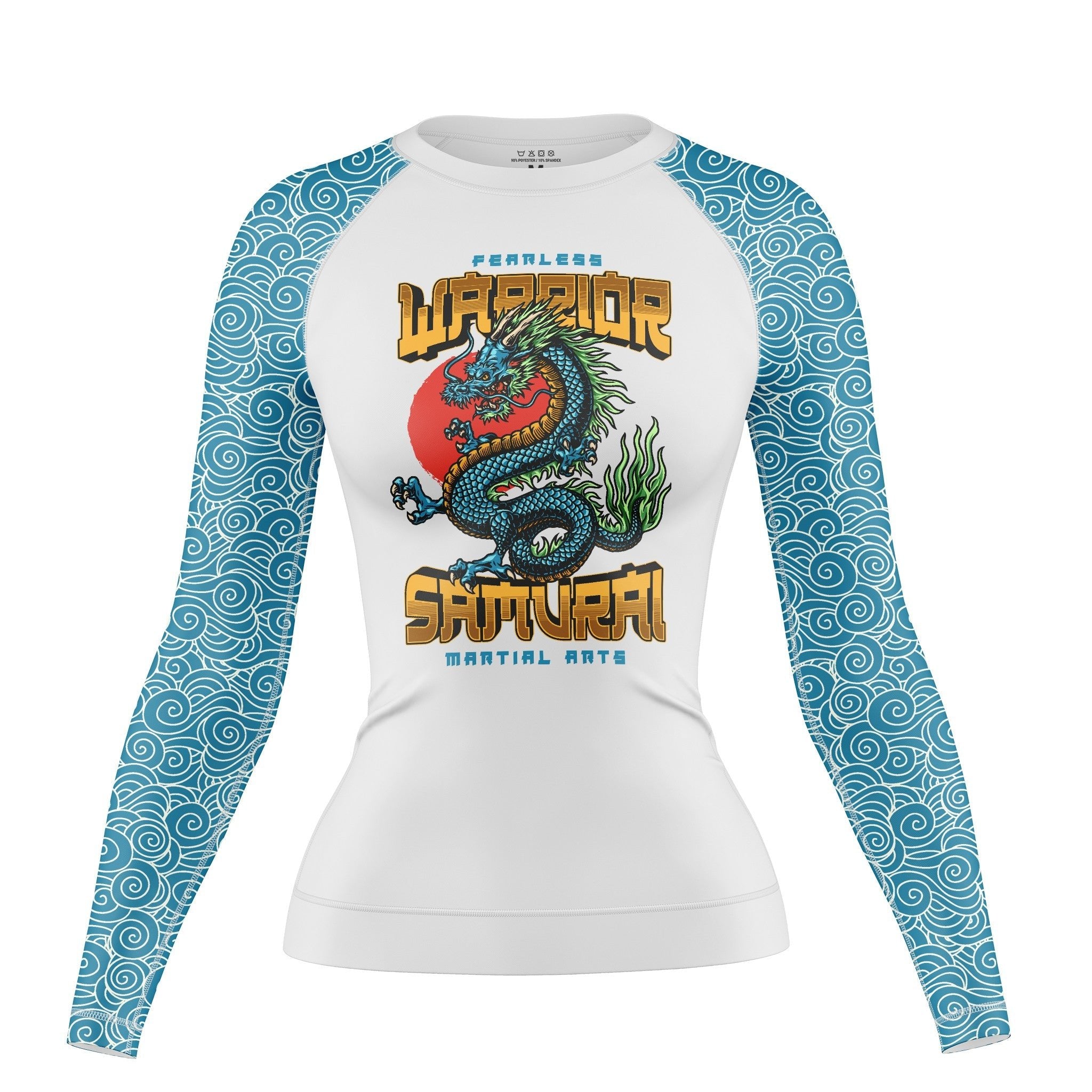 Women long-sleeved rash guard with a azure dragon design for BJJ and MMA