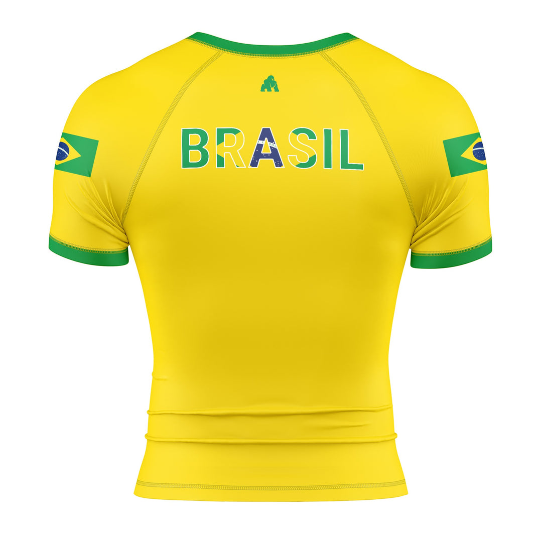 Back of men's yellow Brazil short sleeve rash guard for BJJ and MMA