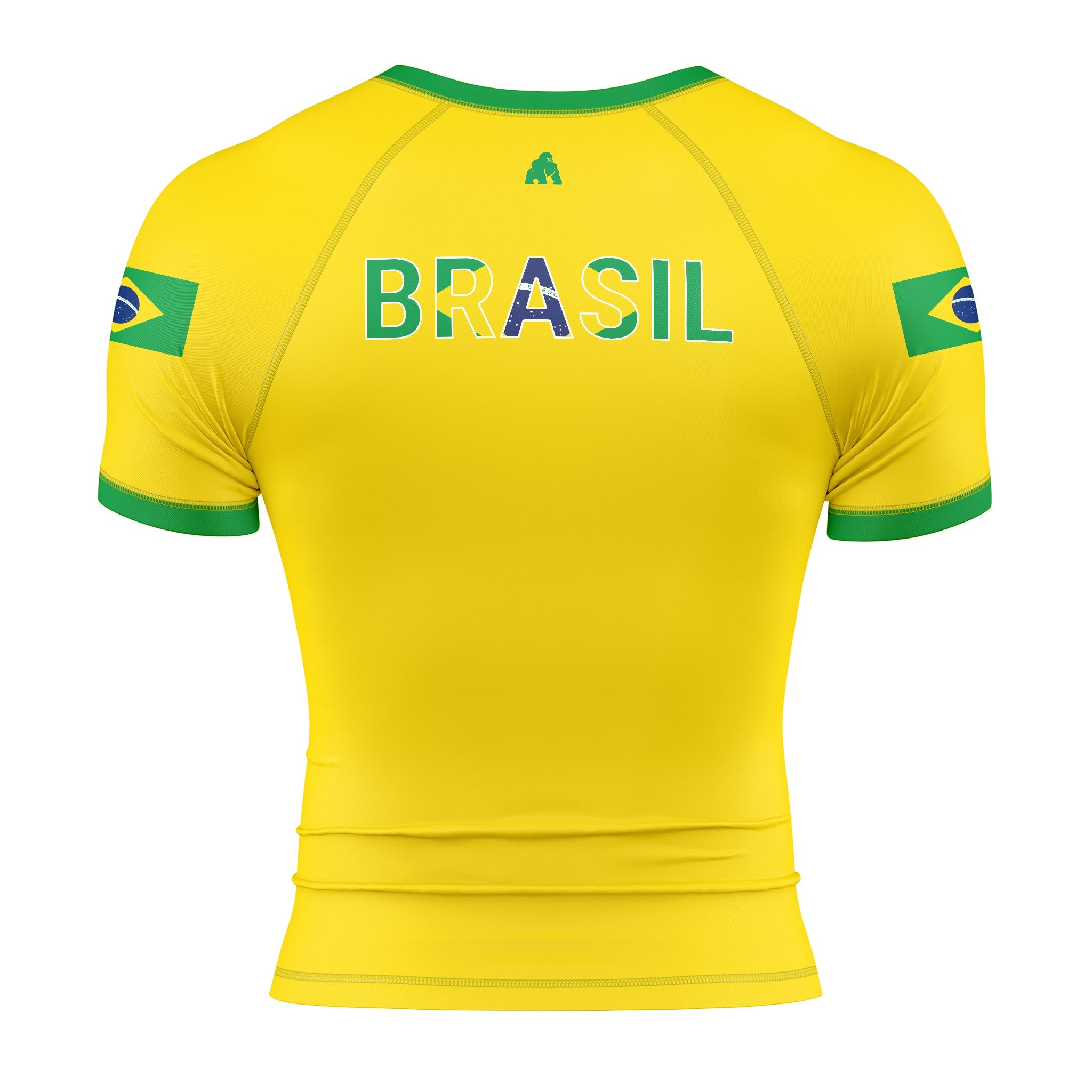 Back of men's yellow Brazil short sleeve rash guard for BJJ and MMA