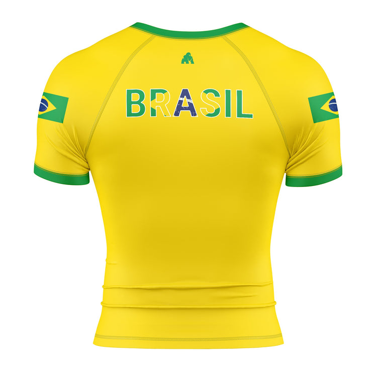 Back of men's yellow Brazil short sleeve rash guard for BJJ and MMA