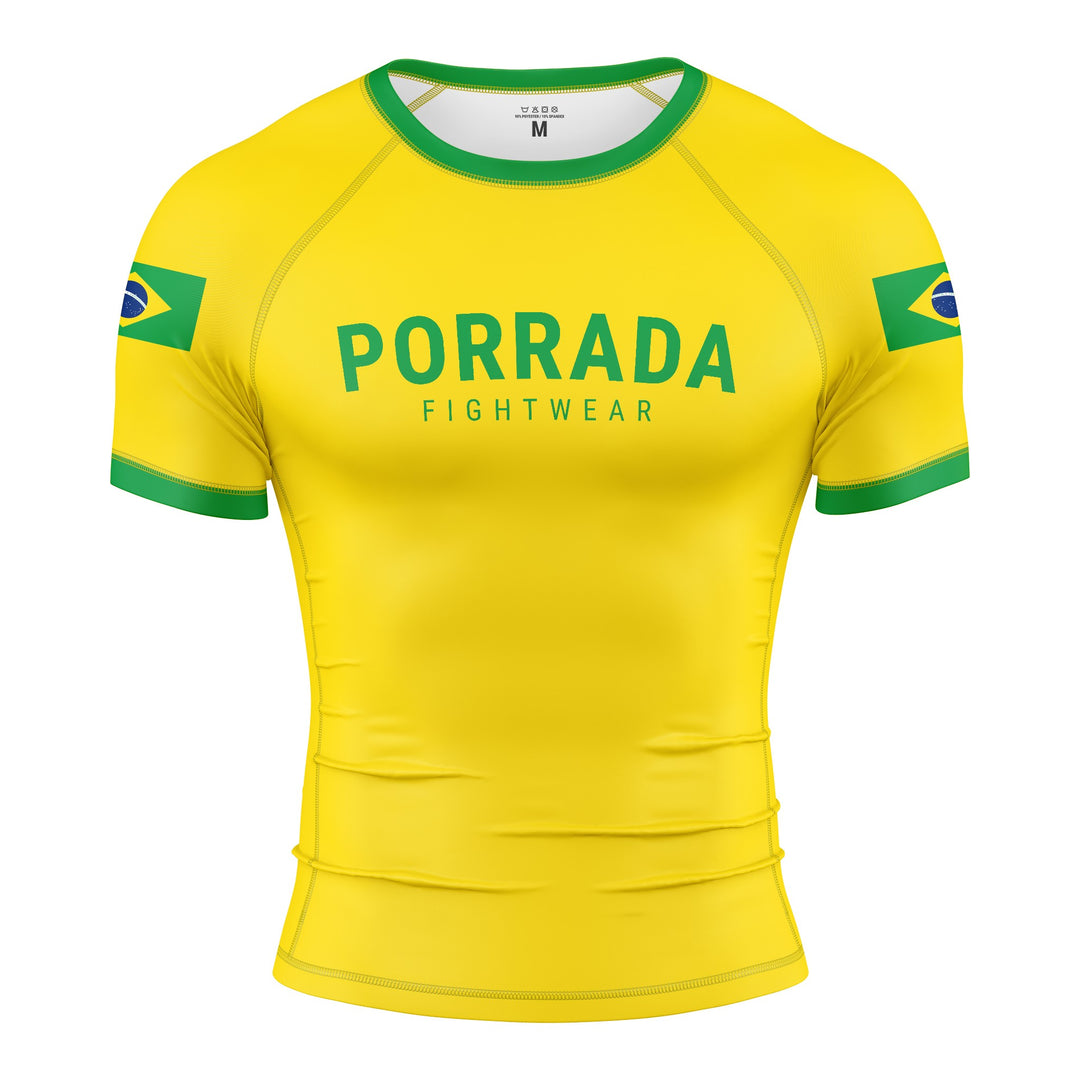 Men's yellow Brazil short sleeve rash guard for BJJ and MMA