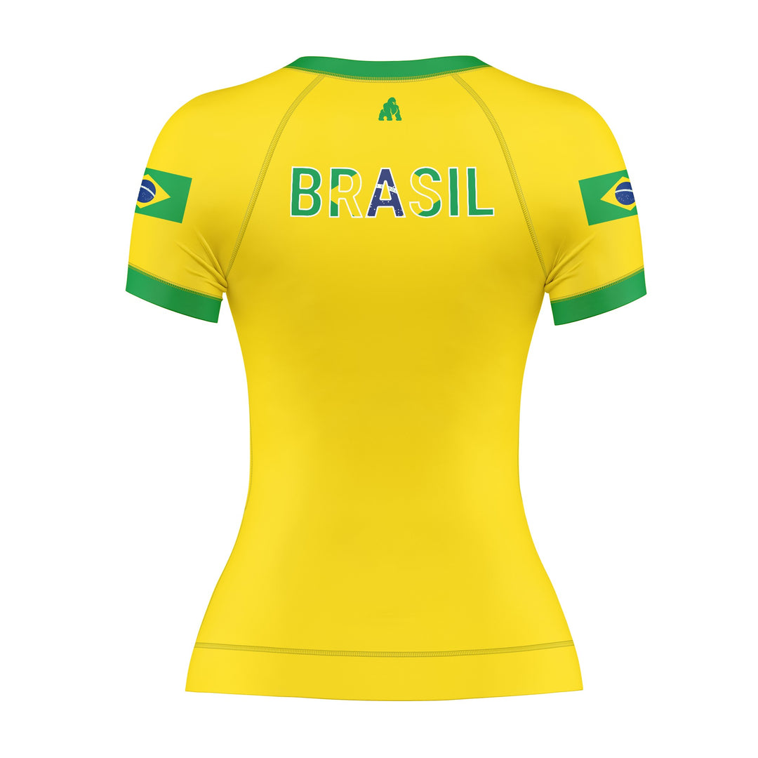 Back of women's yellow Brazil short sleeve rash guard for BJJ and MMA 