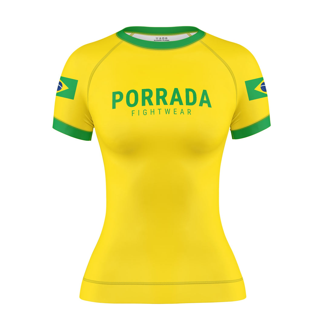 Women's yellow Brazil short sleeve rash guard for BJJ and MMA 