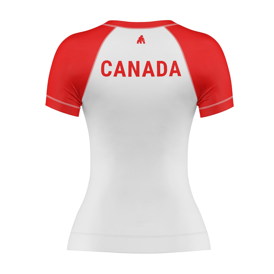 Back of women's red white Canada short sleeve rash guard for BJJ and MMA 