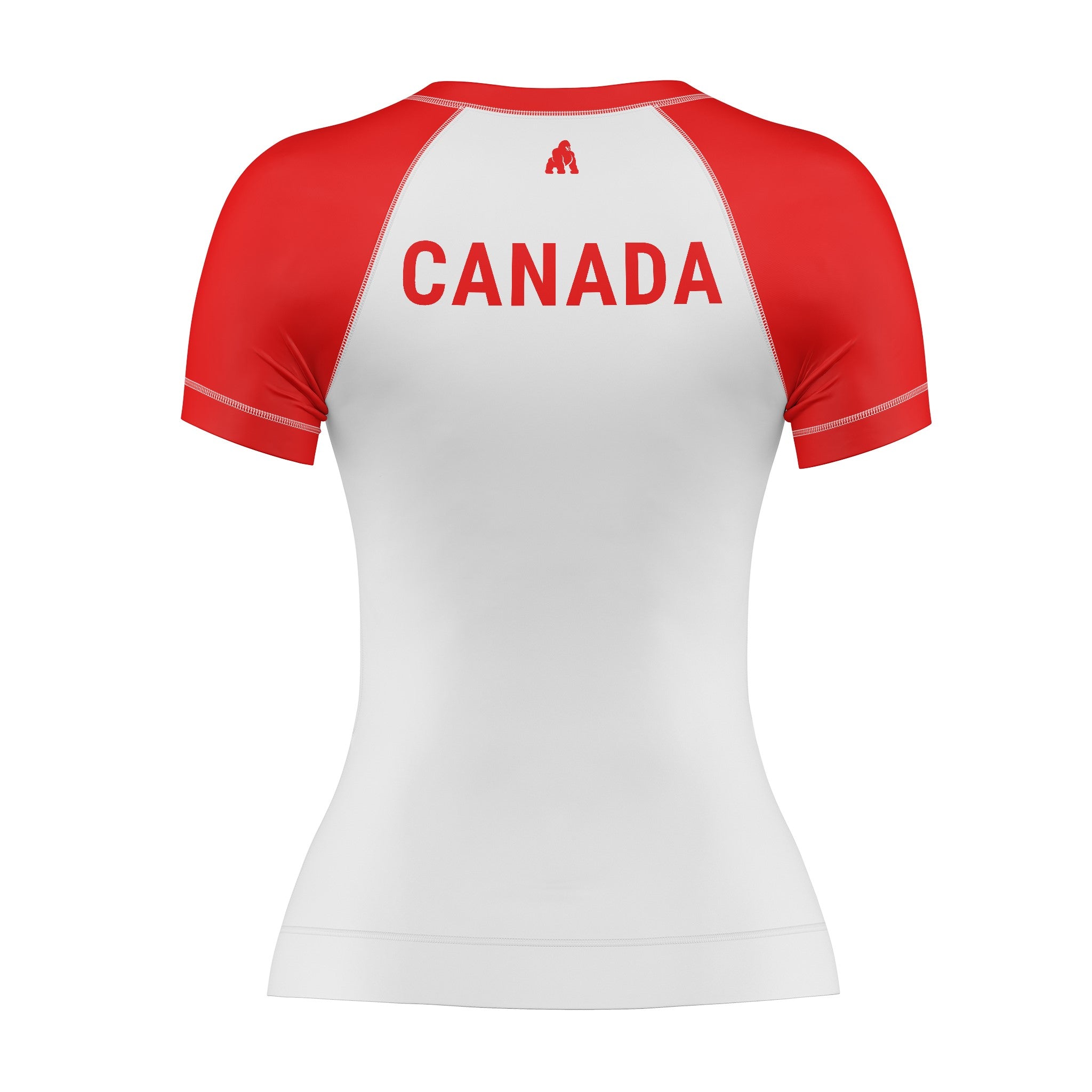 Back of women's red white Canada short sleeve rash guard for BJJ and MMA 