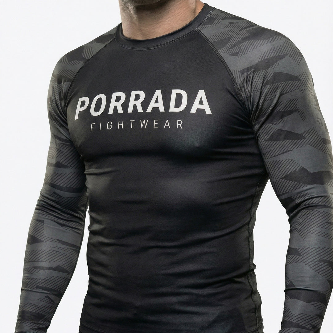 Black camo long-sleeve men's rash guard for BJJ and MMA