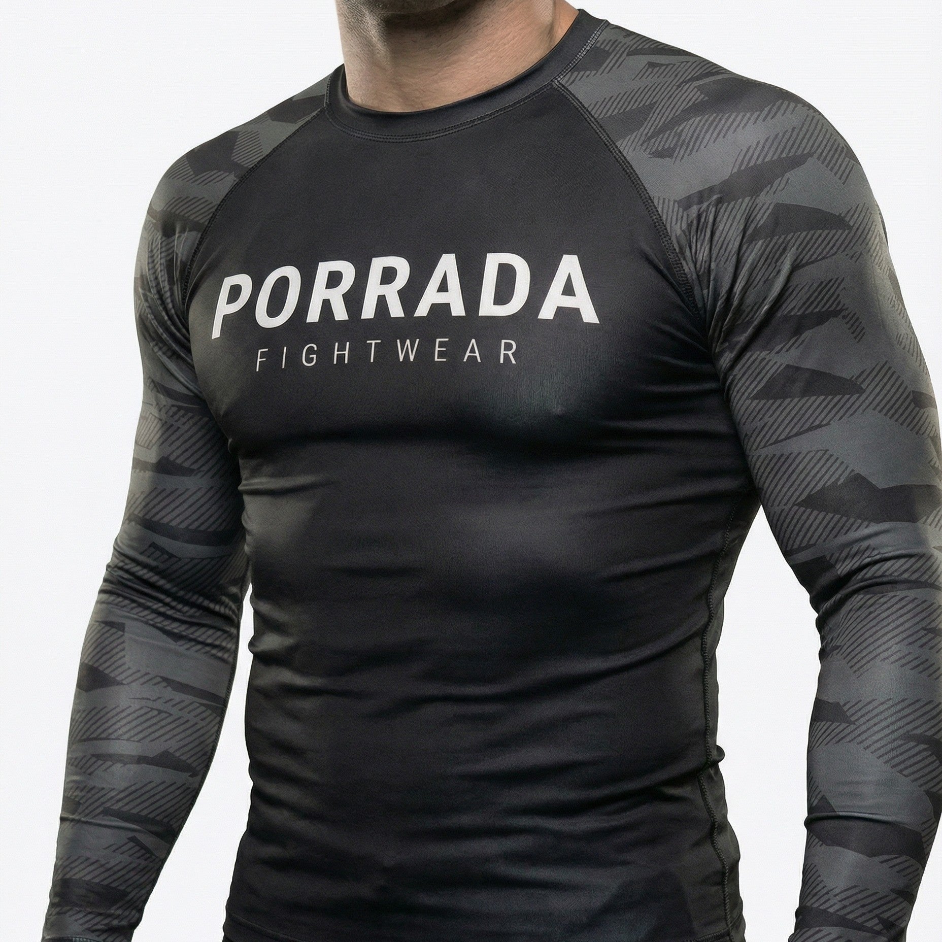Black camo long-sleeve men's rash guard for BJJ and MMA