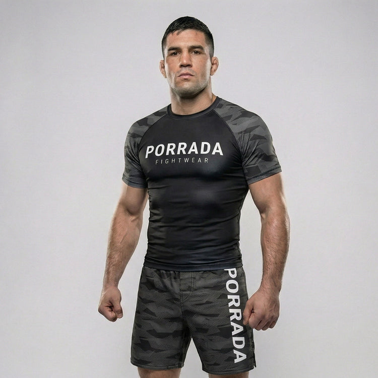 Black camo short-sleeve rash guard for BJJ and MMA