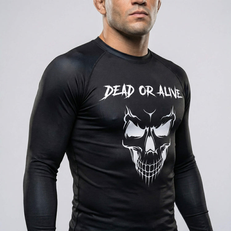 Close view of Skull long-sleeve rash guard for BJJ and MMA