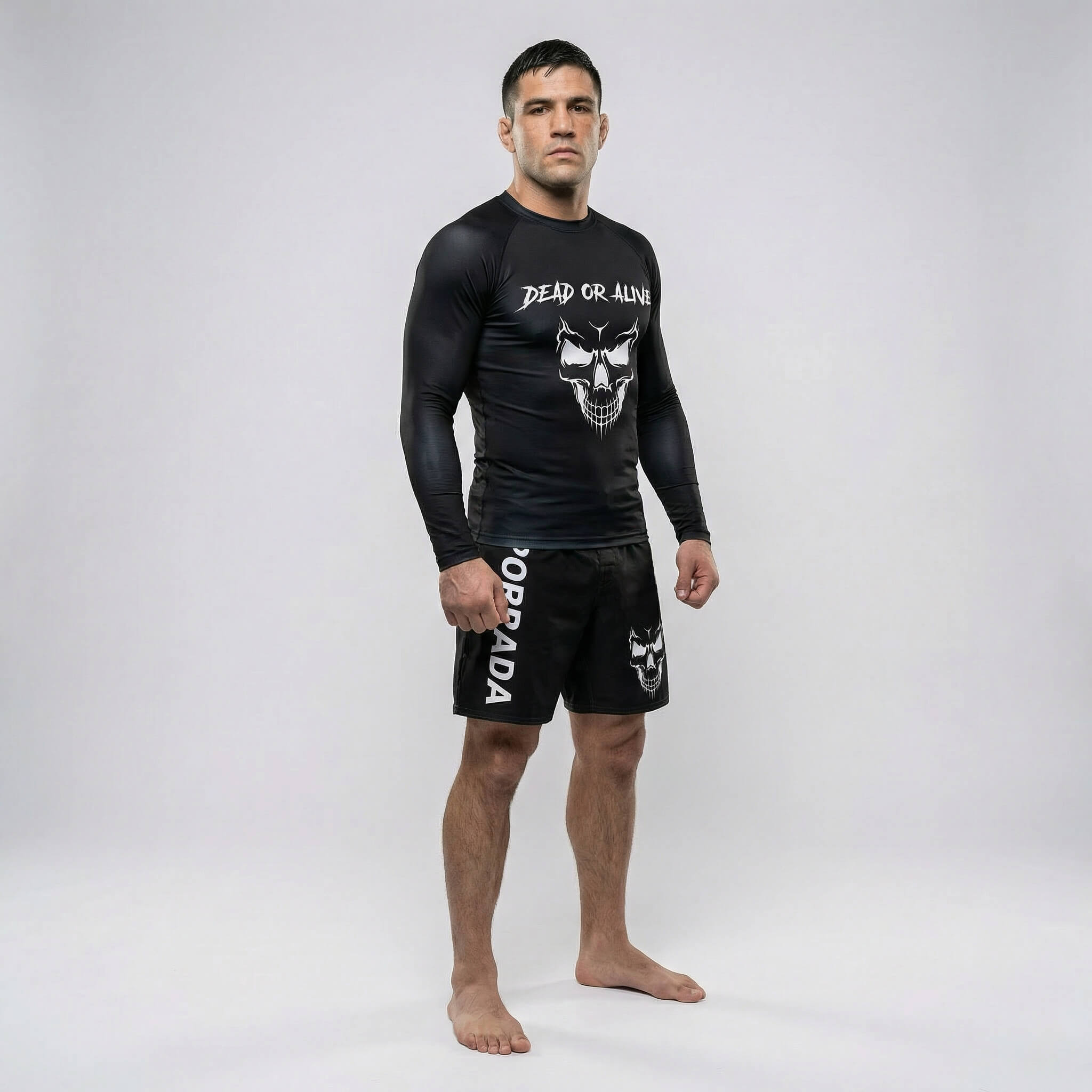 Black skull long-sleeve rash guard for BJJ and MMA training