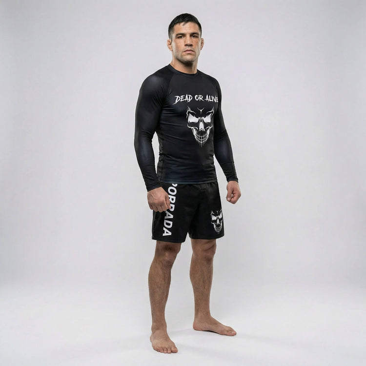Black skull long-sleeve rash guard for BJJ and MMA training