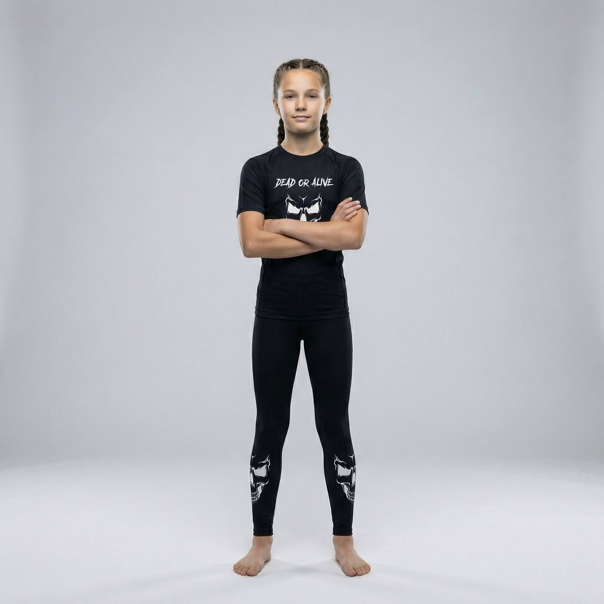 Children’s MMA and BJJ rash guard, black short sleeves with skull design 