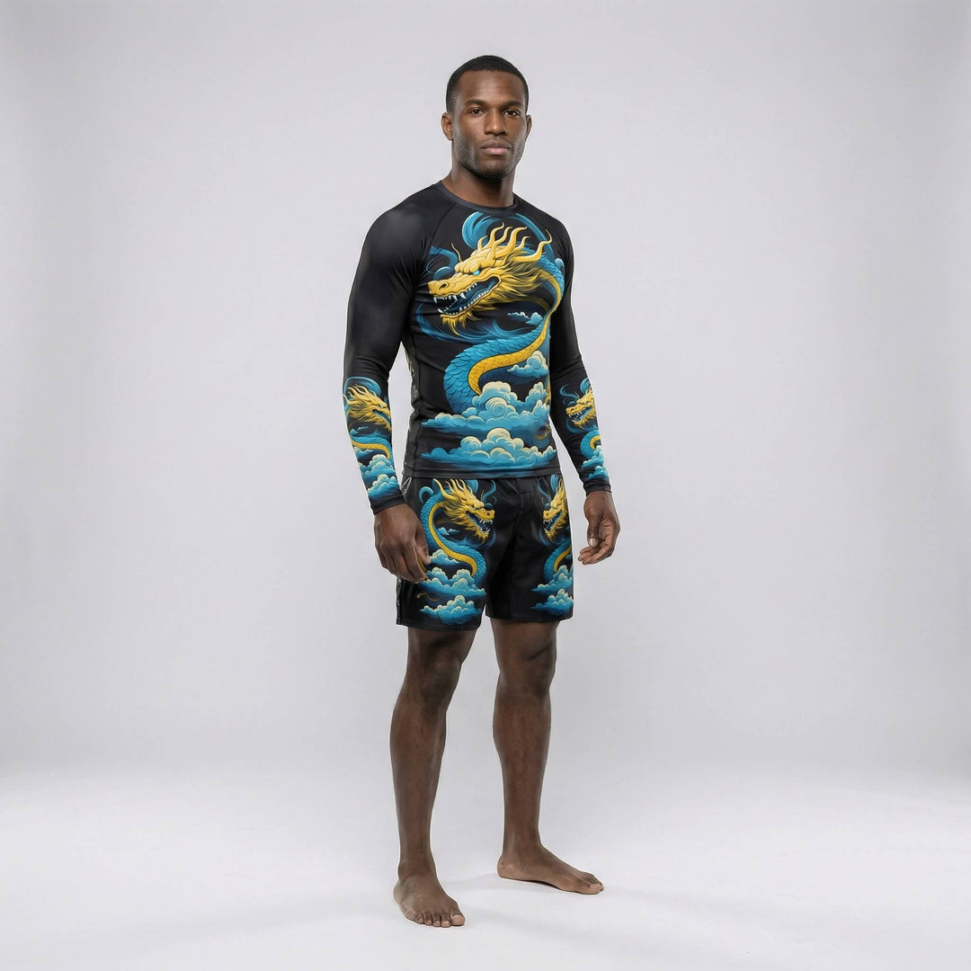Performance rash guard with Blue Dragon design for BJJ and MMA workouts