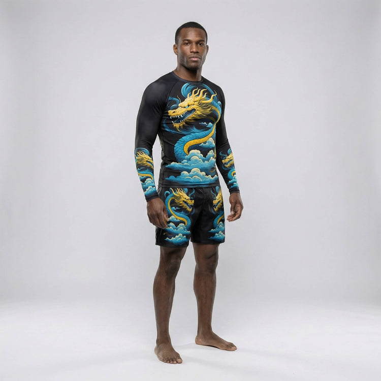 Performance rash guard with Blue Dragon design for BJJ and MMA workouts