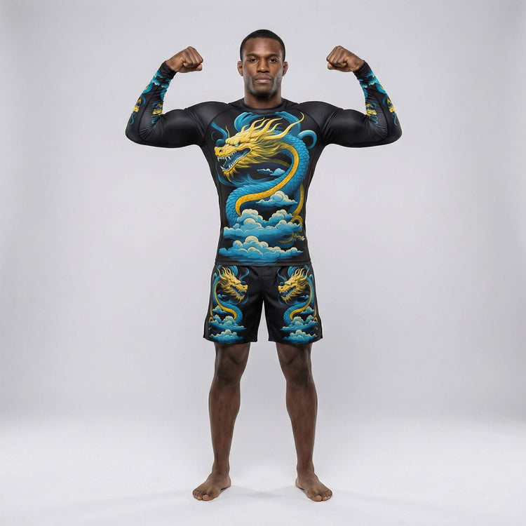 Athletic men’s rash guard featuring Blue Dragon graphics for training and competition
