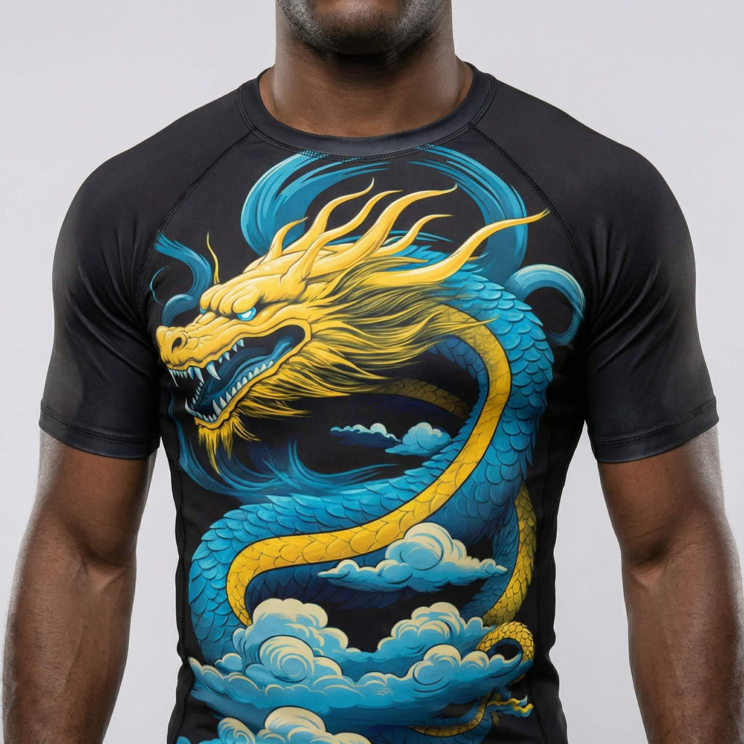 Close view of Blue Dragon short-sleeve rash guard for BJJ and MMA 