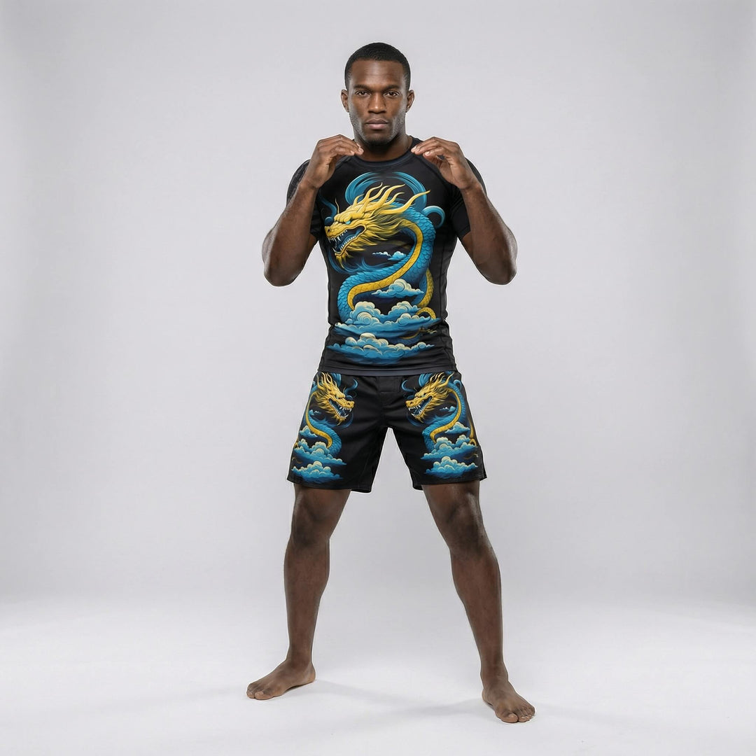 Performance fight shorts with blue dragon graphic for BJJ, MMA, and training sessions