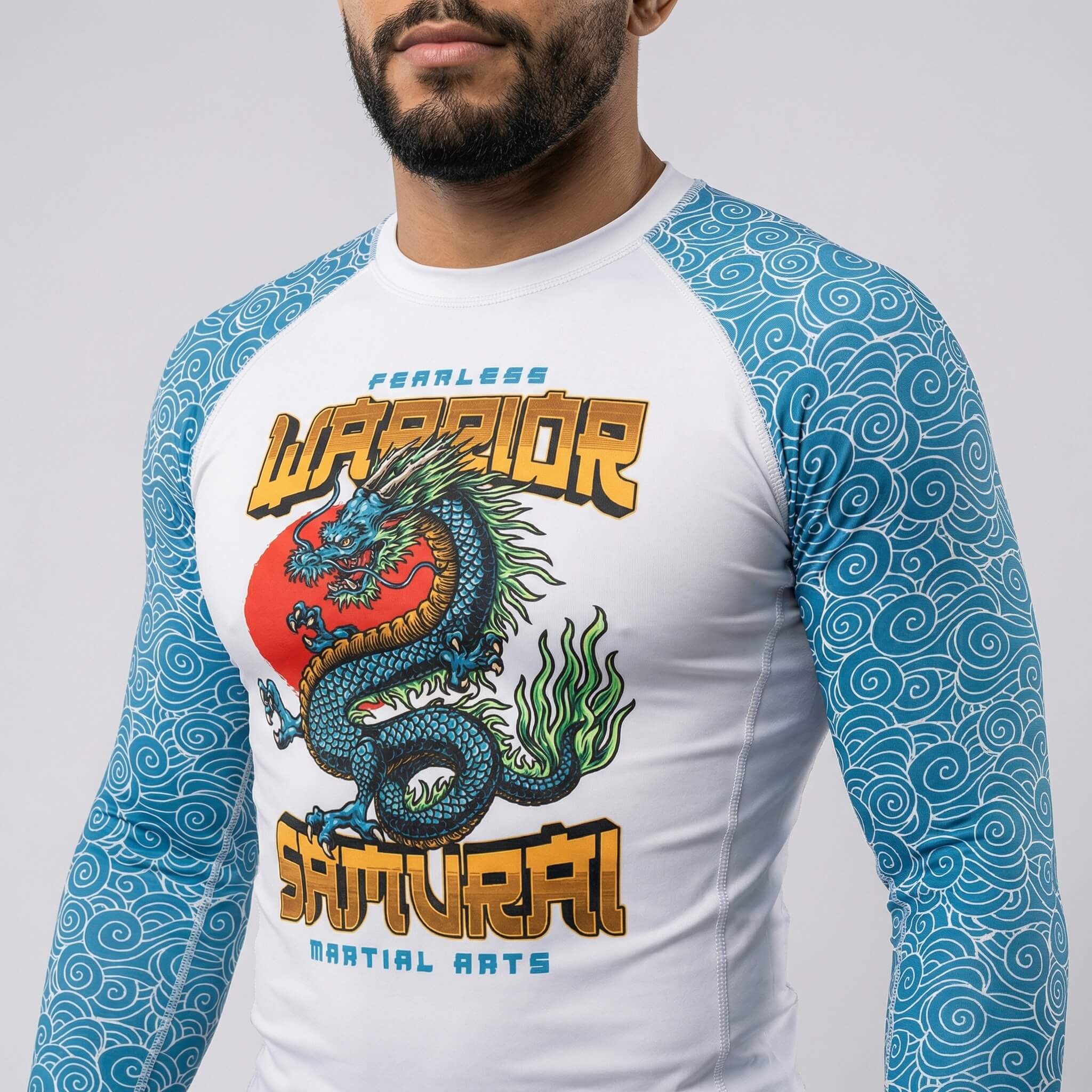 Men’s Azure Dragon long-sleeve rash guard for BJJ and MMA training