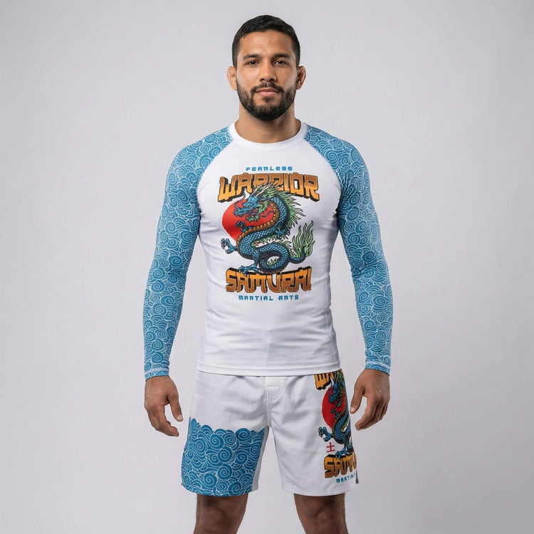 Athletic rash guard featuring bold Azure Dragon design for grappling