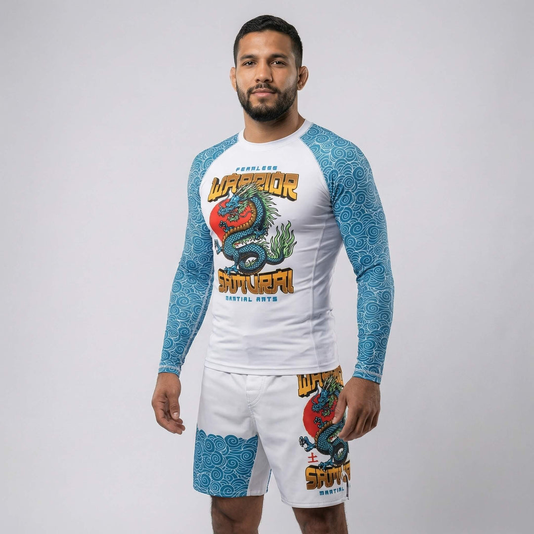 Performance men’s rash guard with Azure Dragon graphics for BJJ and MMA