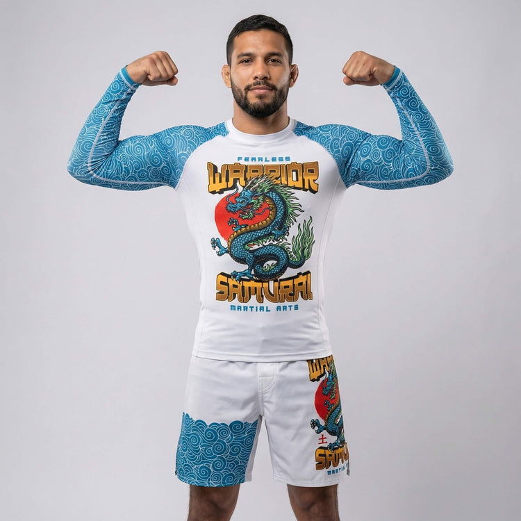 Men’s long-sleeve rash guard with Azure Dragon print for training and competition