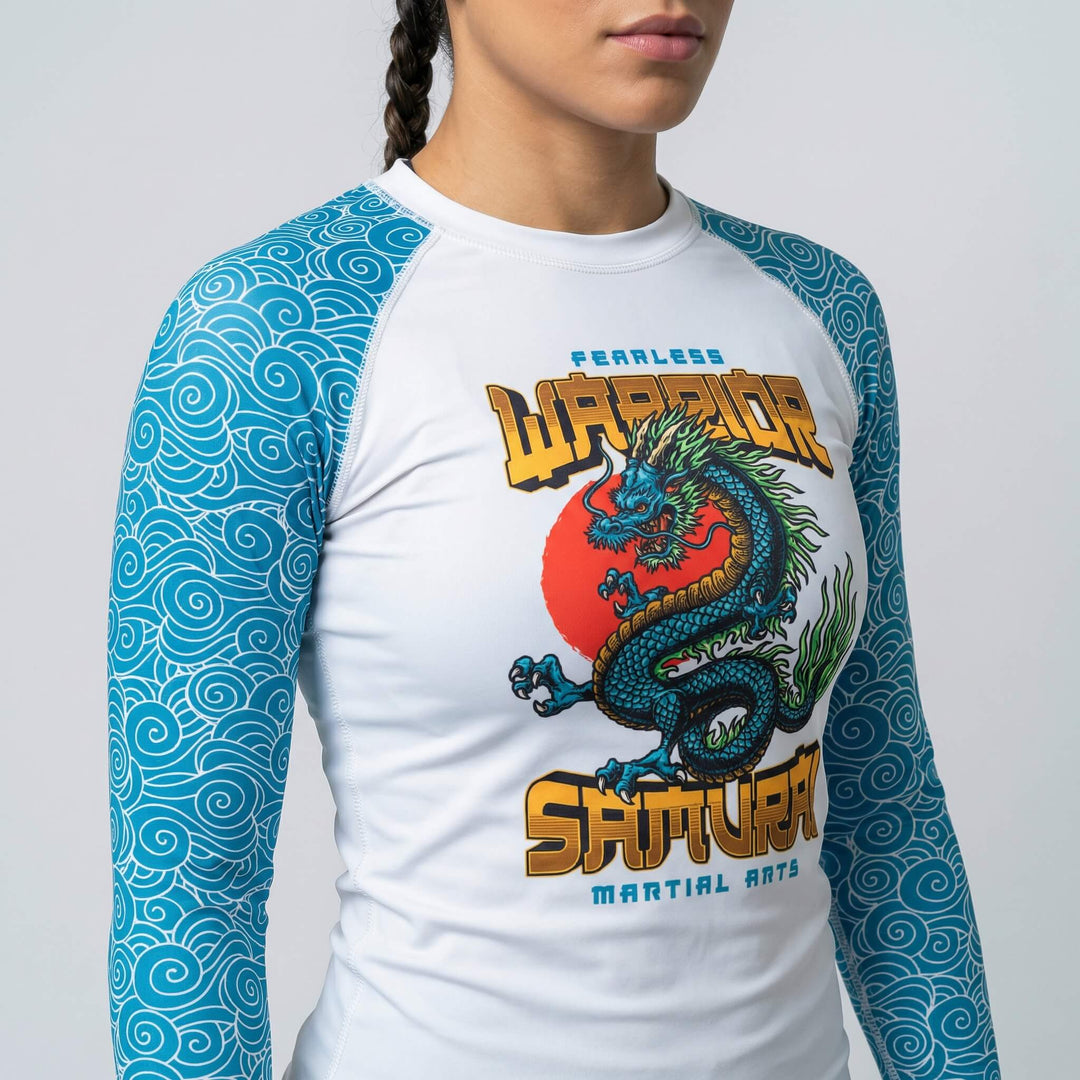 Women’s Azure Dragon long-sleeve rash guard for BJJ and MMA training