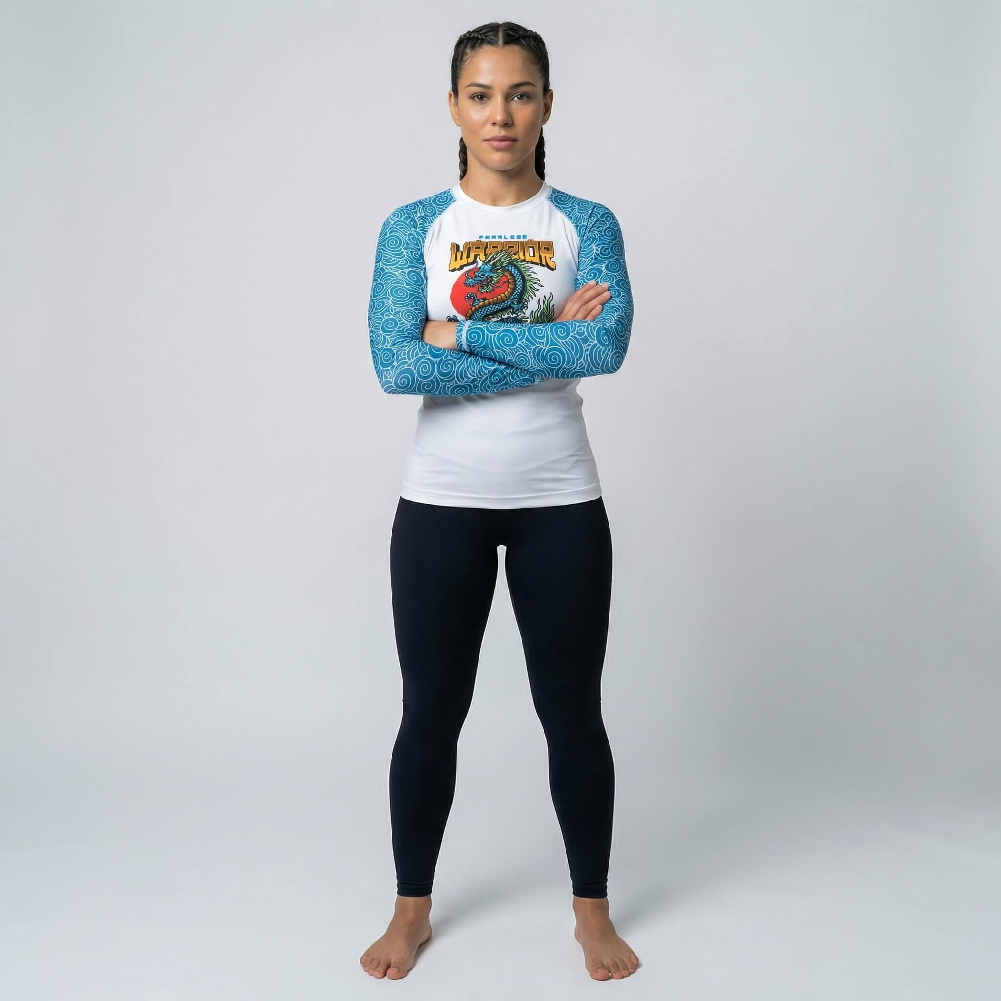 Performance women’s rash guard with Azure Dragon graphics for BJJ and MMA