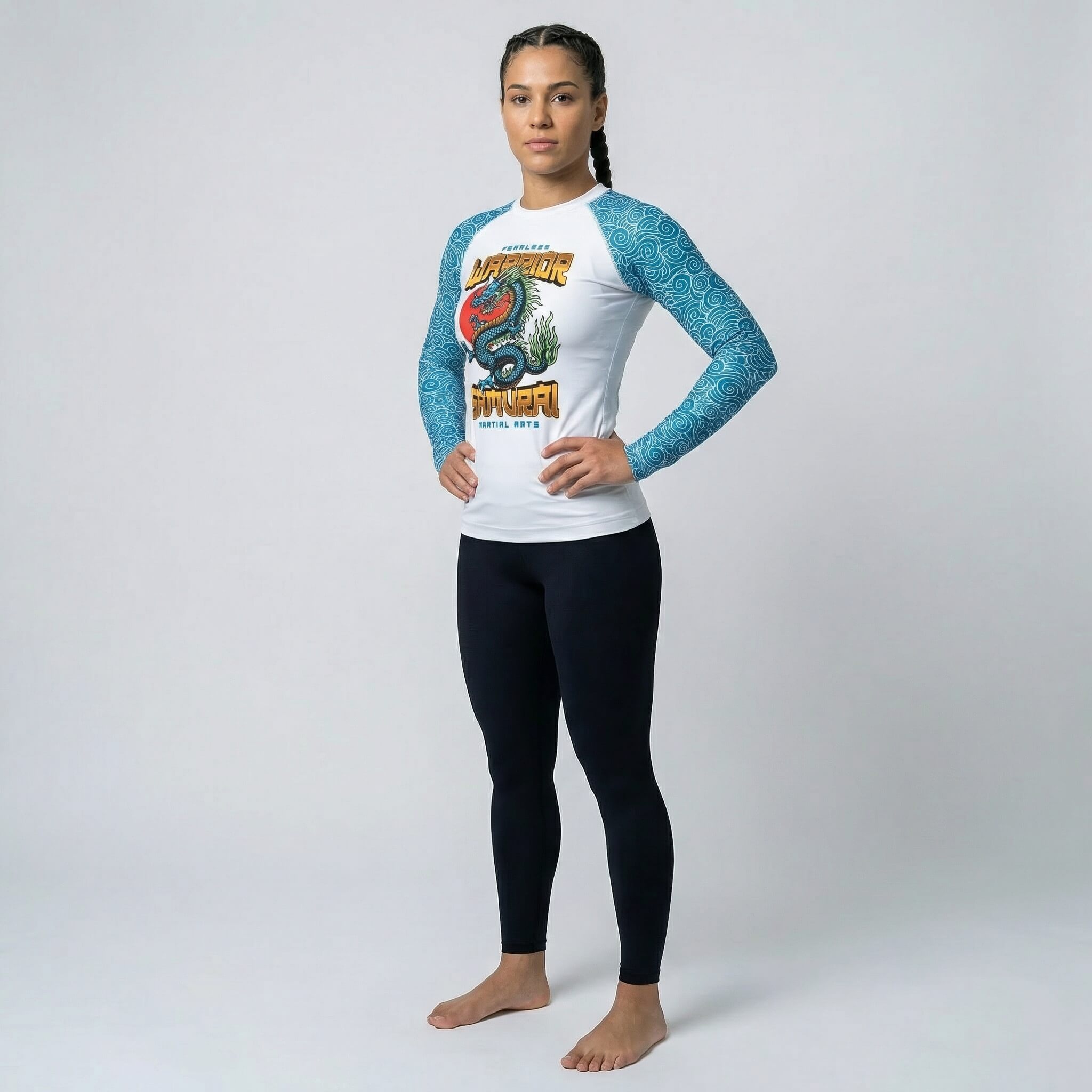 Women’s rash guard with Azure Dragon print, ideal for training and competition