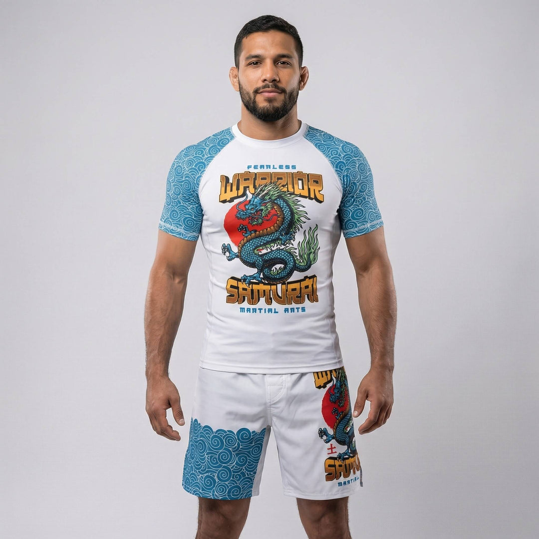 Athletic rash guard featuring bold Azure Dragon design for grappling