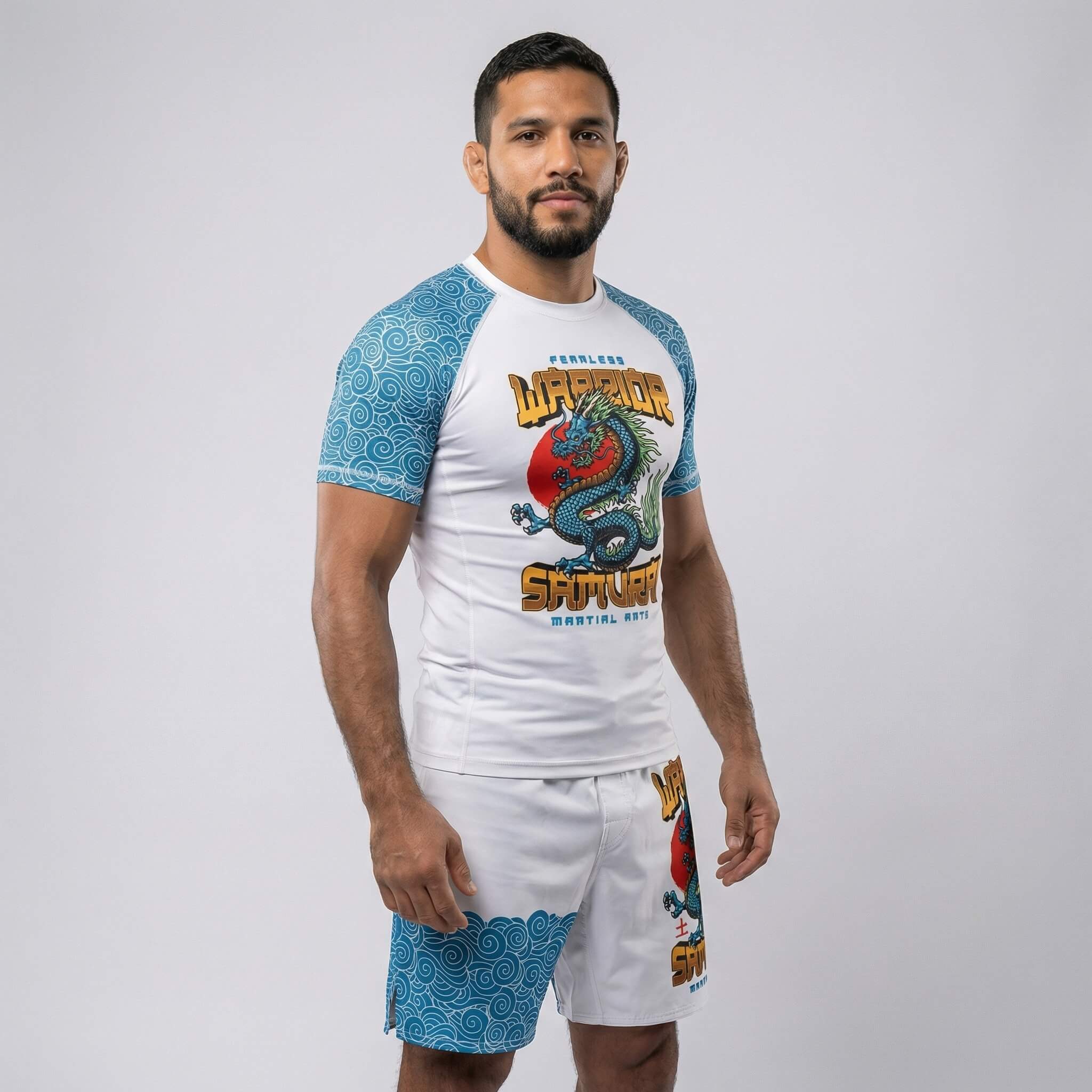 Combat sports fight shorts with Azure Dragon artwork and flexible waistband