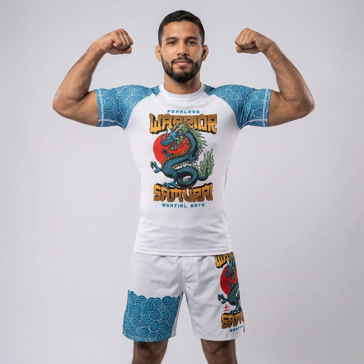 Combat sports rash guard with Azure Dragon design for BJJ and MMA