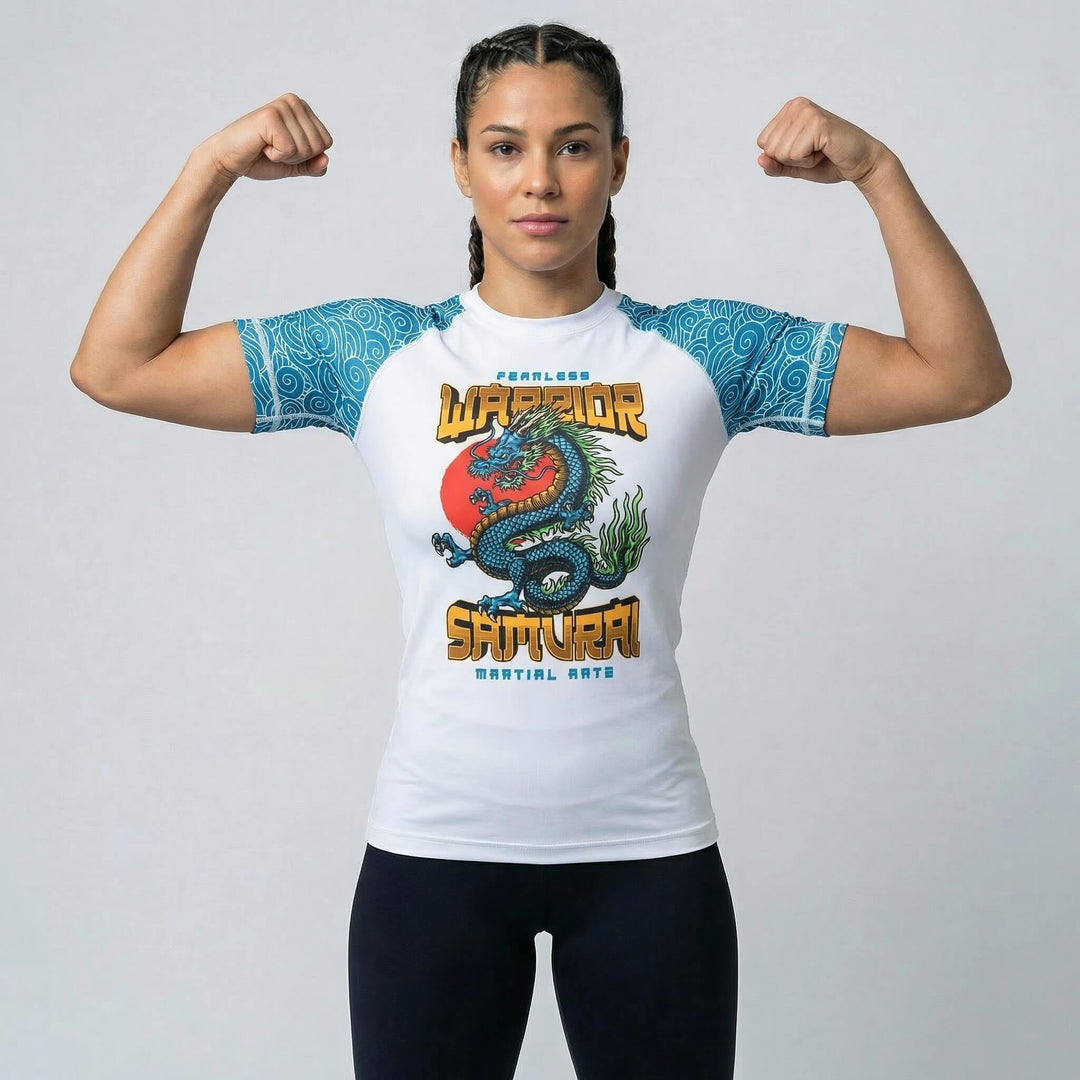 Durable women’s rash guard featuring Azure Dragon graphics for high-intensity training