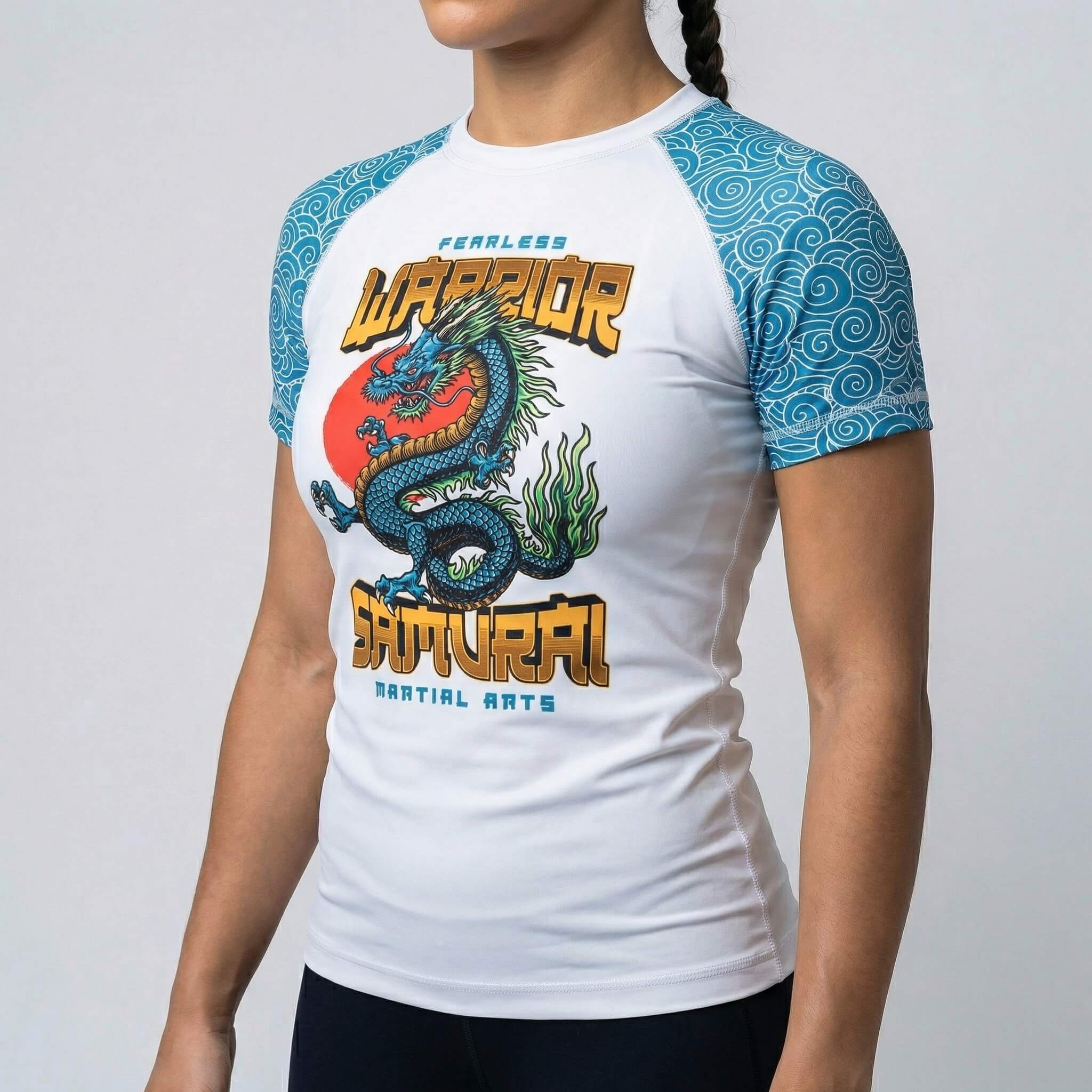 Combat sports women’s rash guard with Azure Dragon artwork for BJJ and MMA