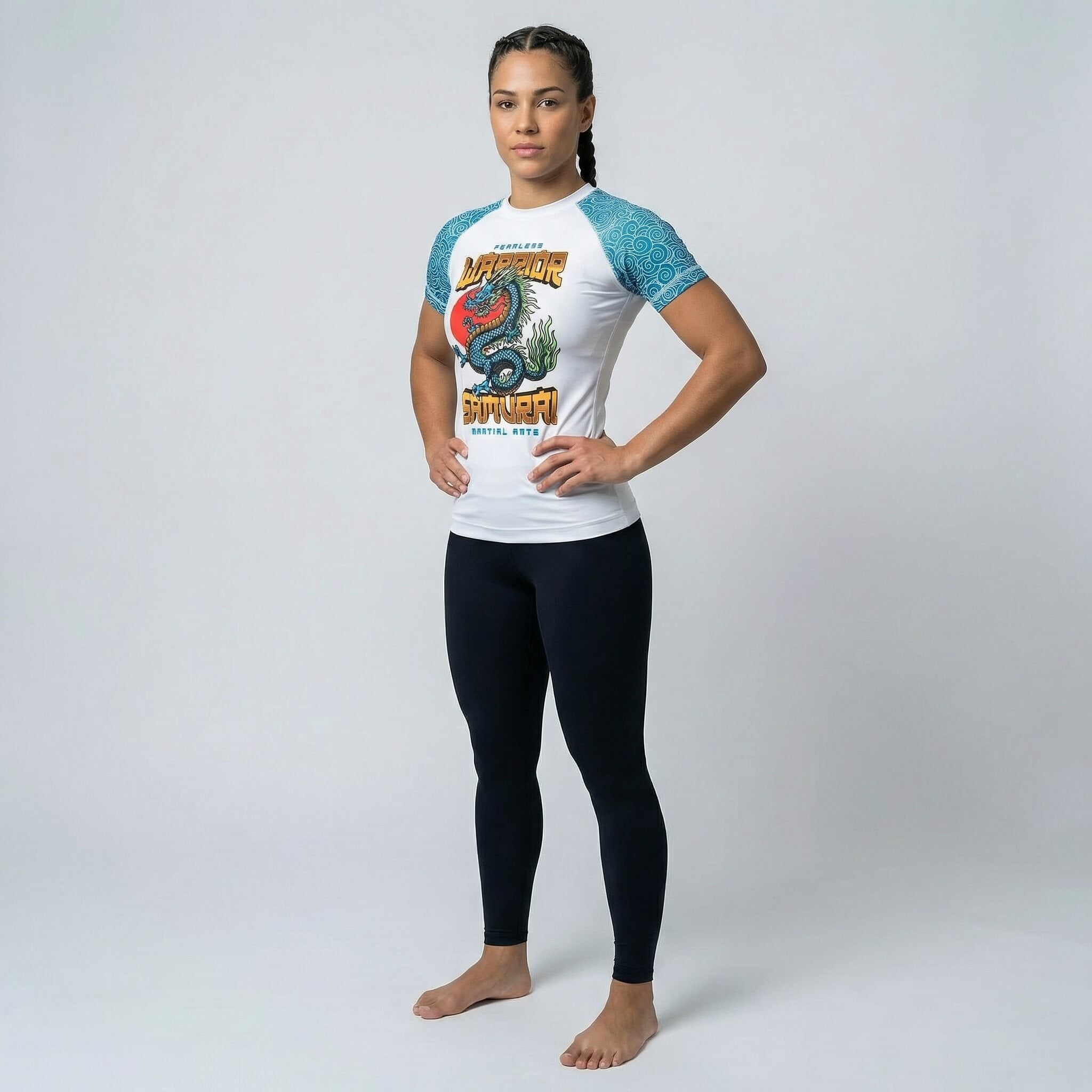 Athletic women’s rash guard featuring bold Azure Dragon design for grappling