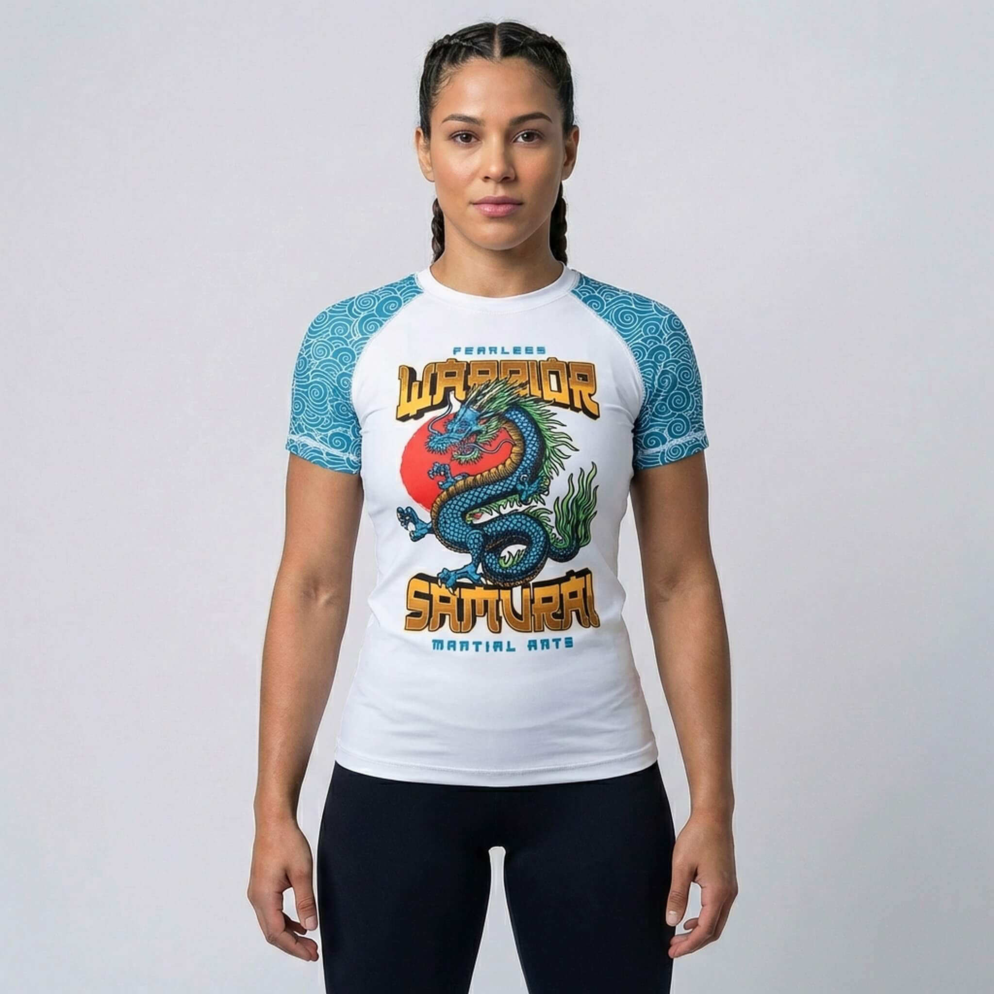 Women’s grappling rash guard with Azure Dragon design for no-gi BJJ and MMA sessions 