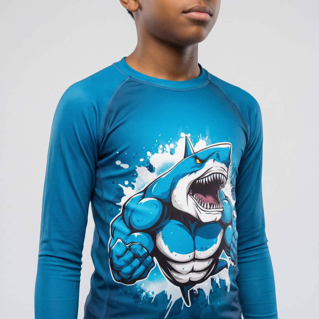 Kids' Blue Shark Beast long sleeve rash guard for BJJ and MMA
