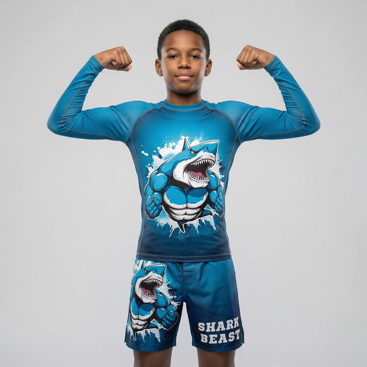 Blue Shark Beast long sleeve rash guard for kids' BJJ and MMA training