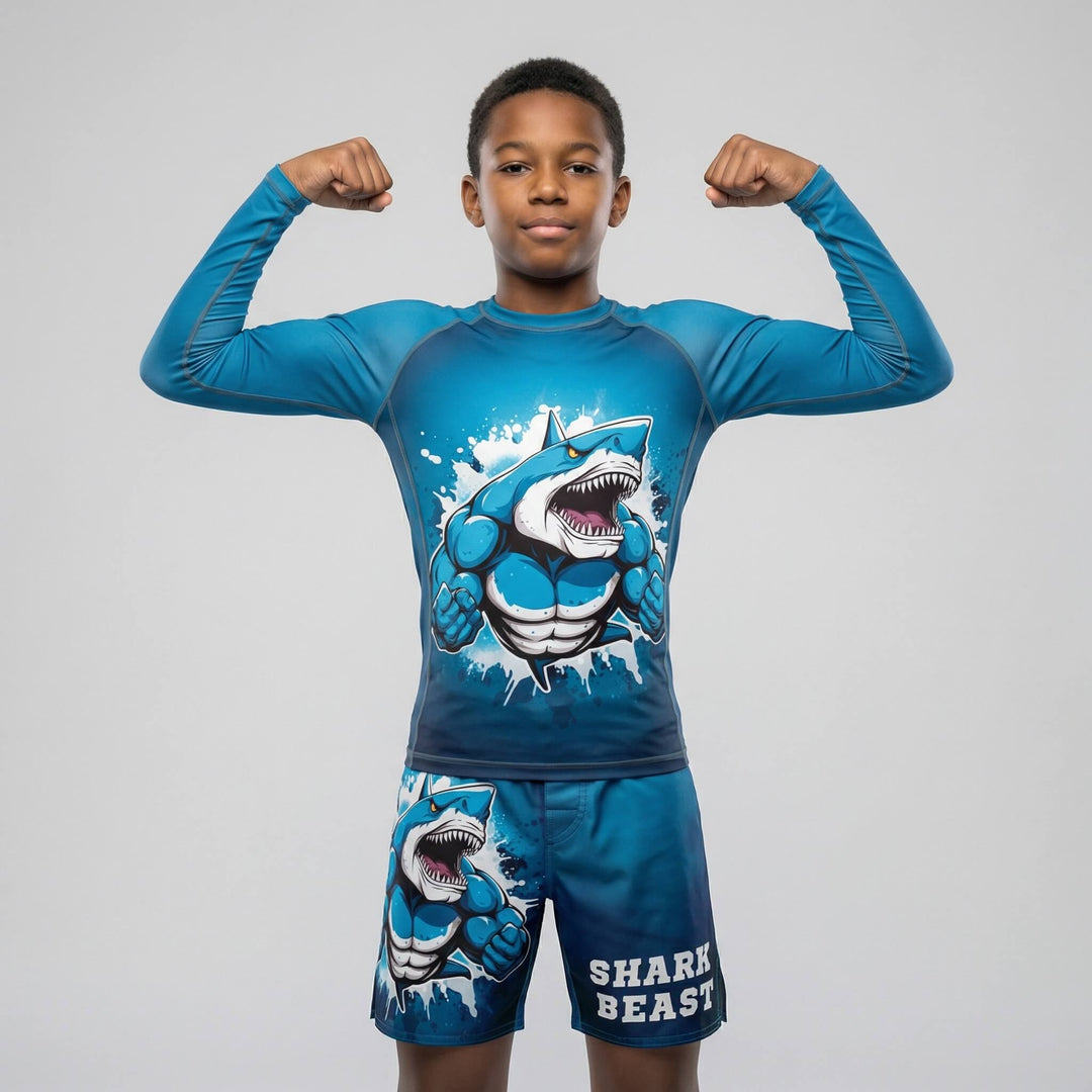 Kids' Blue Shark Beast fight shorts for BJJ and MMA