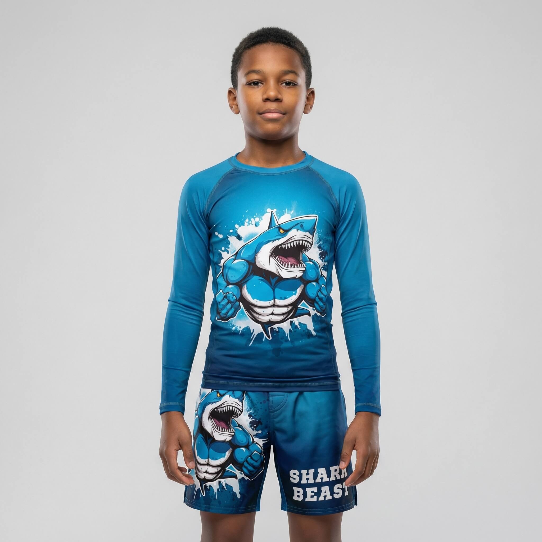 Kids' Blue Shark Beast long sleeve rash guard for grappling and MMA