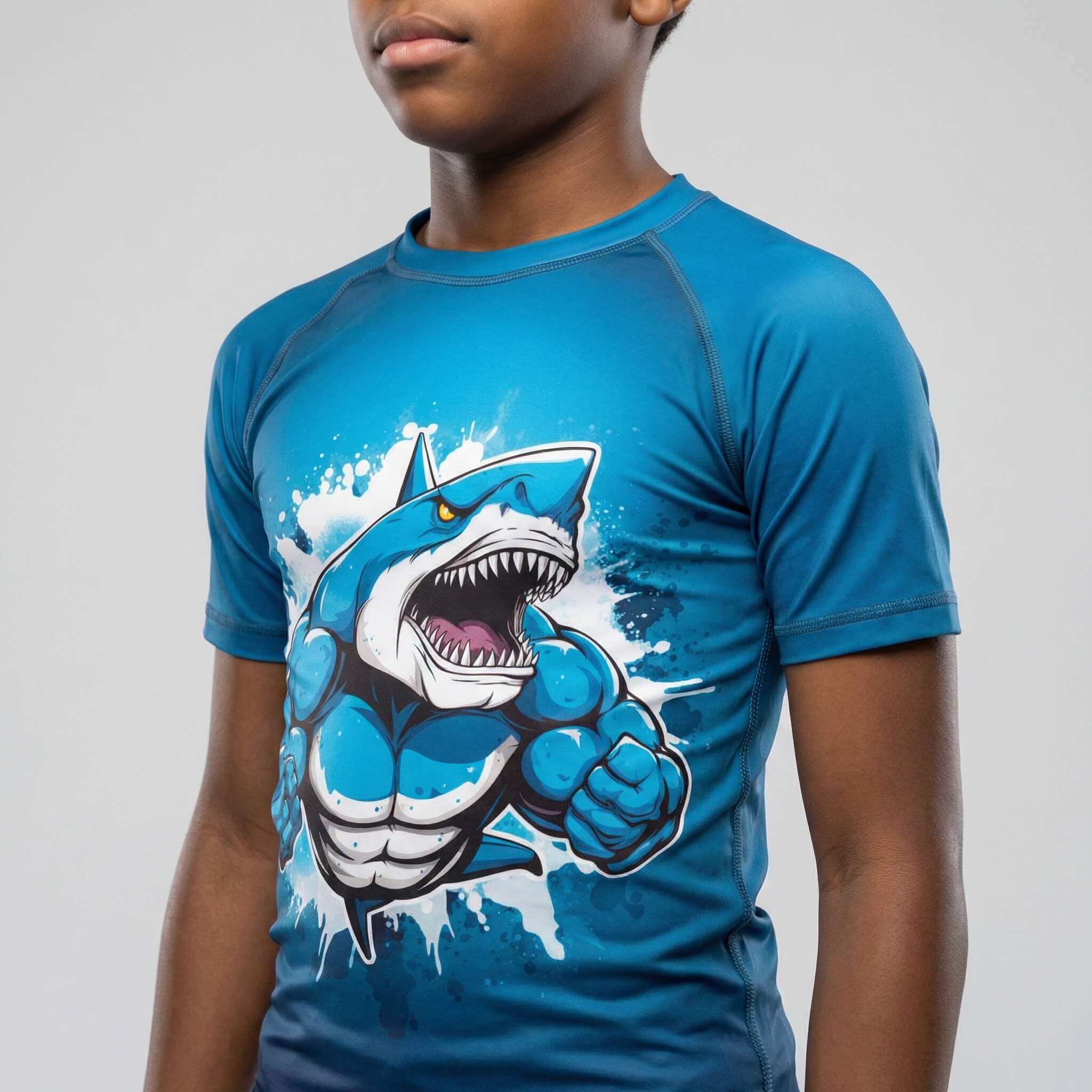 Kids' Blue Shark Beast short sleeve rash guard for BJJ and MMA