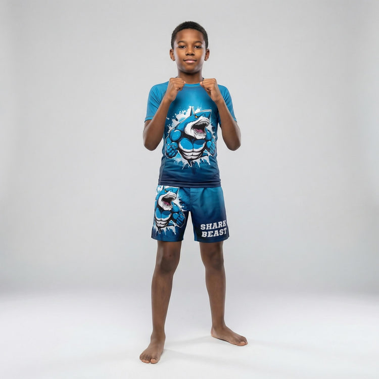 Kids' short sleeve Blue Shark Beast rash guard for MMA and grappling