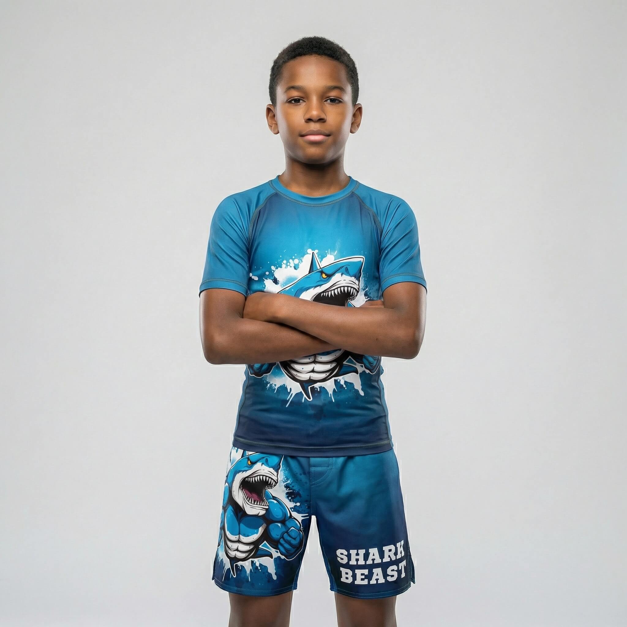 Blue Shark Beast kids' fight shorts for BJJ training